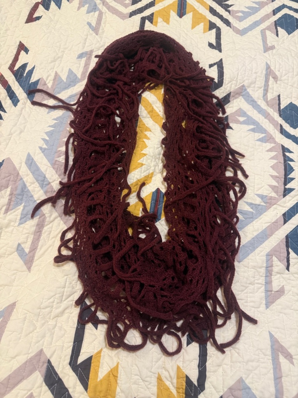 Fringe Knit Infinity Scarf - Burgundy